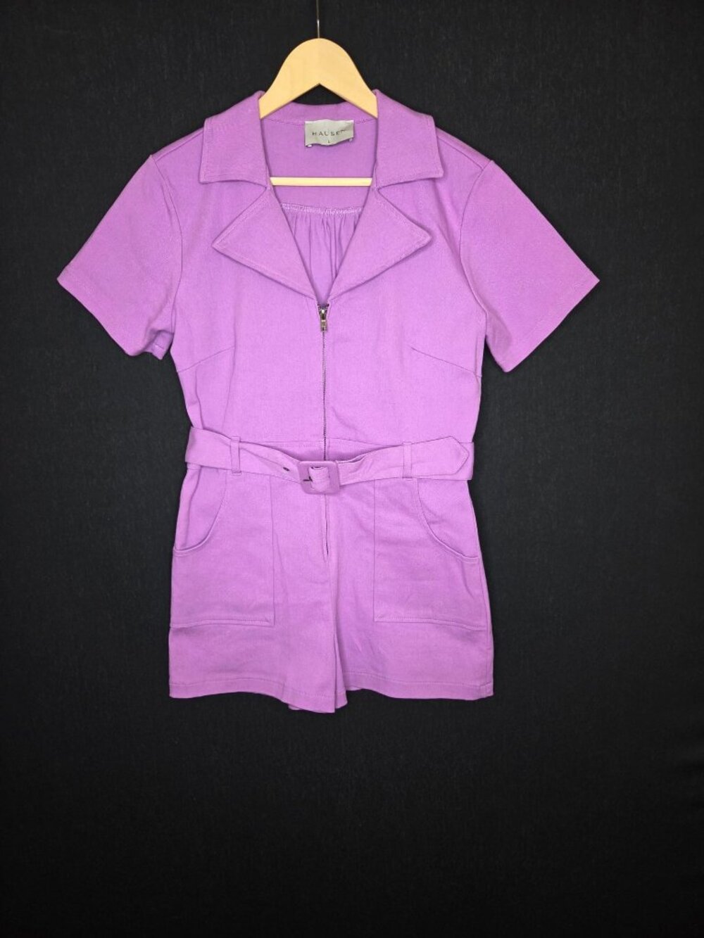 💙 Hausen Purple Denim Feel Romper Size L Belted Zip Front Utility Pockets Stret